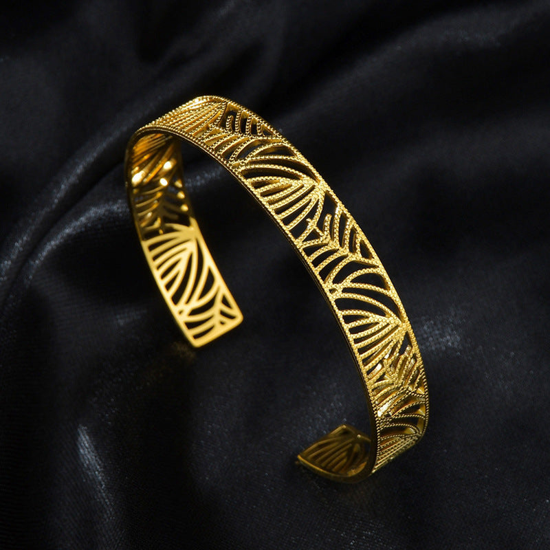 Miraaya Stainless Steel 18K Gold Leaf Hollow Open Bracelet