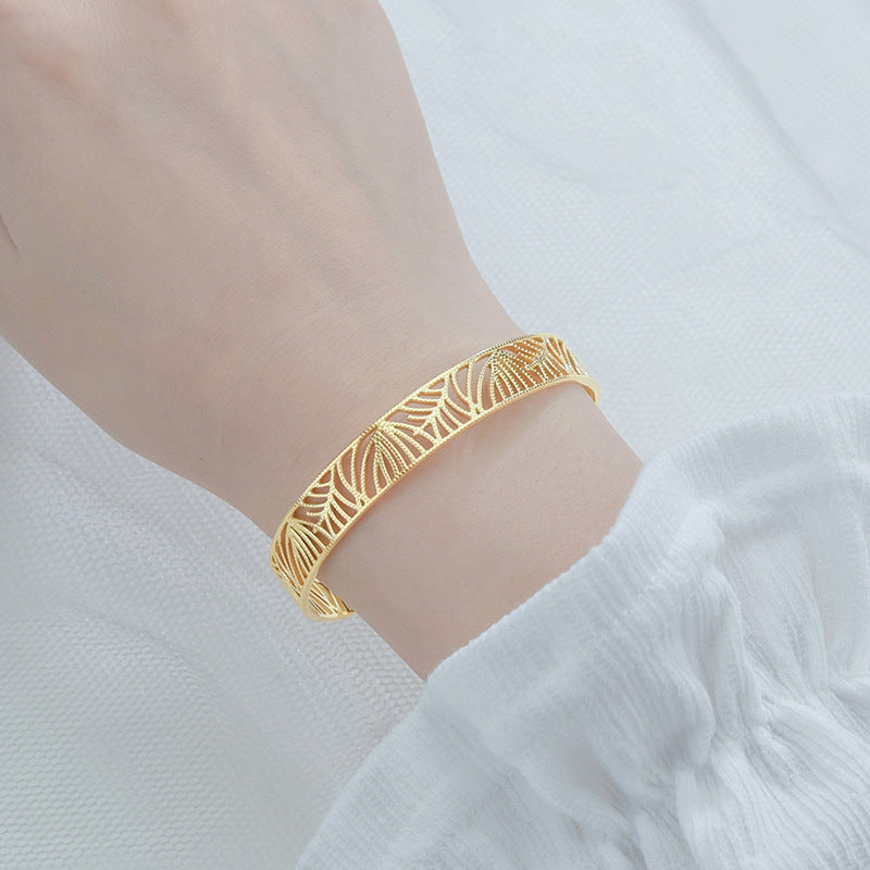 Miraaya Stainless Steel 18K Gold Leaf Hollow Open Bracelet