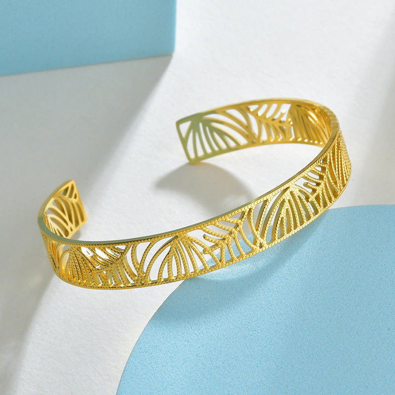 Miraaya Stainless Steel 18K Gold Leaf Hollow Open Bracelet