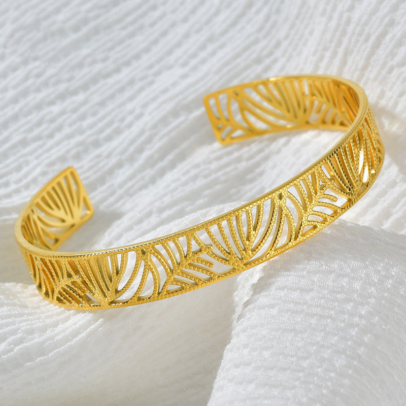 Miraaya Stainless Steel 18K Gold Leaf Hollow Open Bracelet