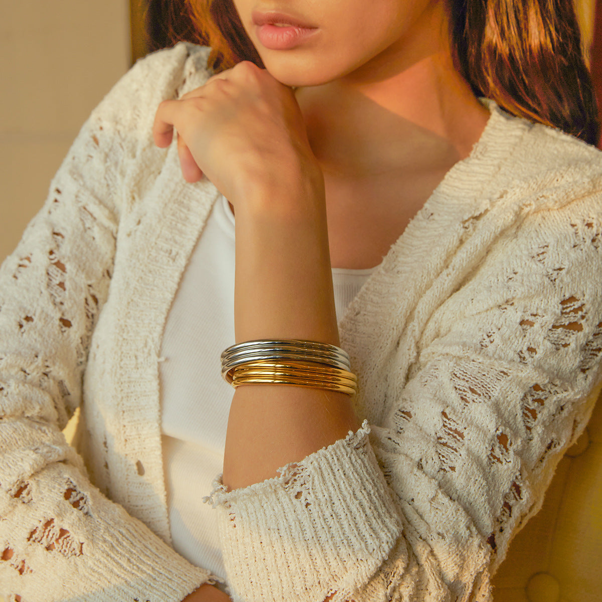 Miraaya Titanium Steel 18k Gold Triple Ribbed Bracelet