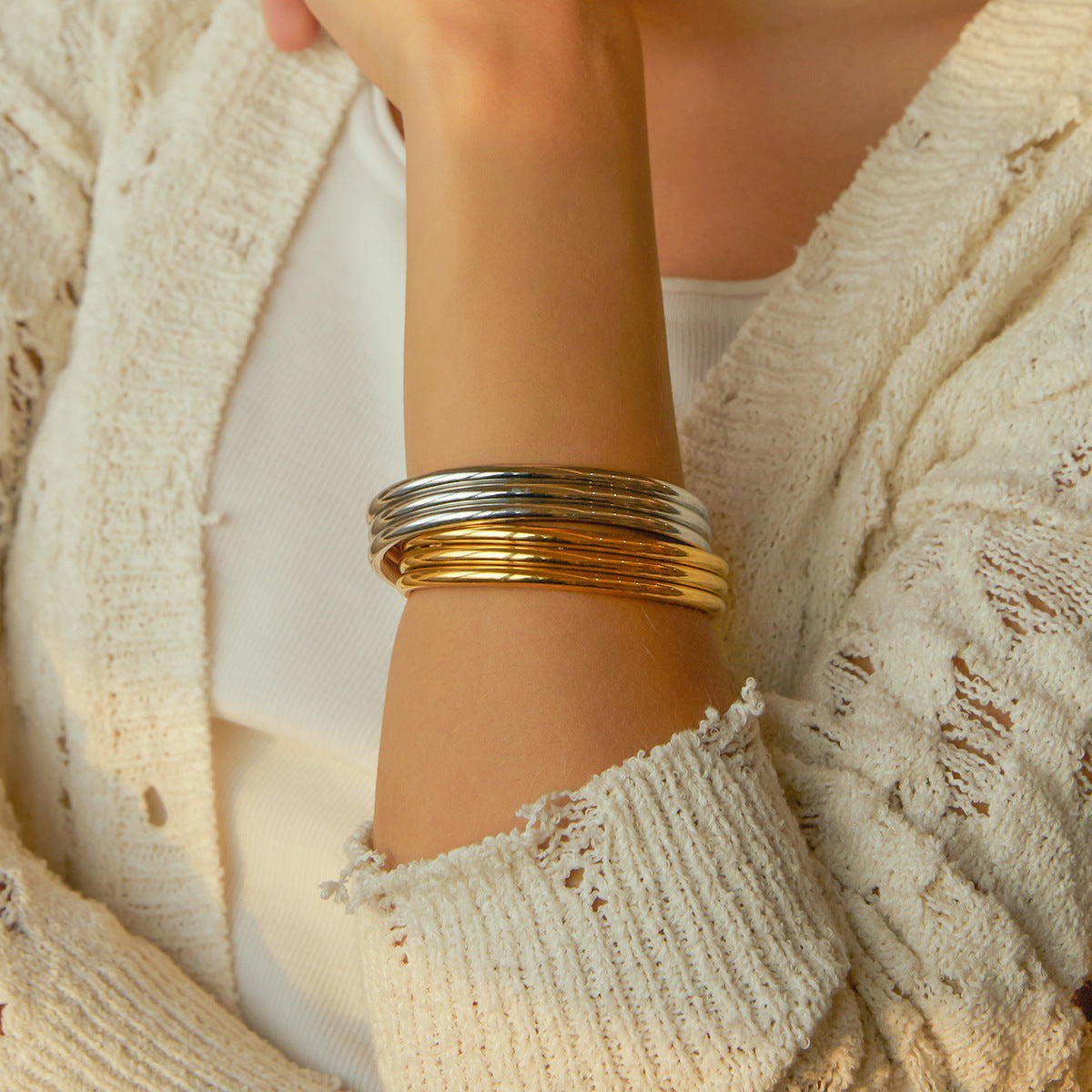 Miraaya Titanium Steel 18k Gold Triple Ribbed Bracelet