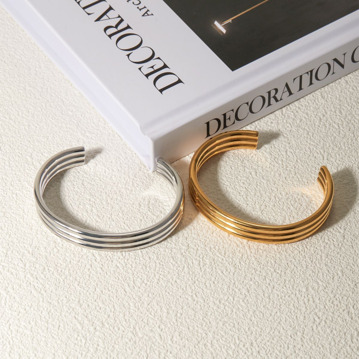 Miraaya Titanium Steel 18k Gold Triple Ribbed Bracelet